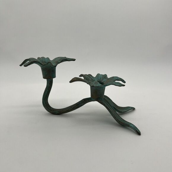 Vintage Brass Patina Flower Stem Candlestick Made In India - Picture 1 of 9